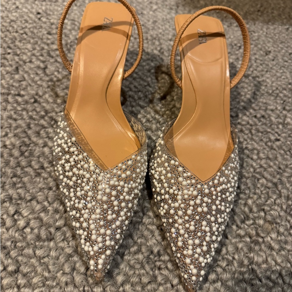 Zara Tan Slingback Pointed Toe Heels with Pearl Embellishment